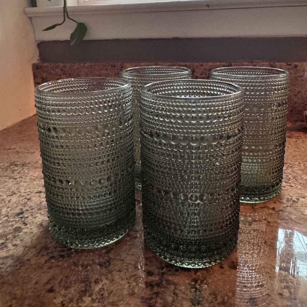 Crate&Barrel Green Textured Highball Glasses - Set of 4